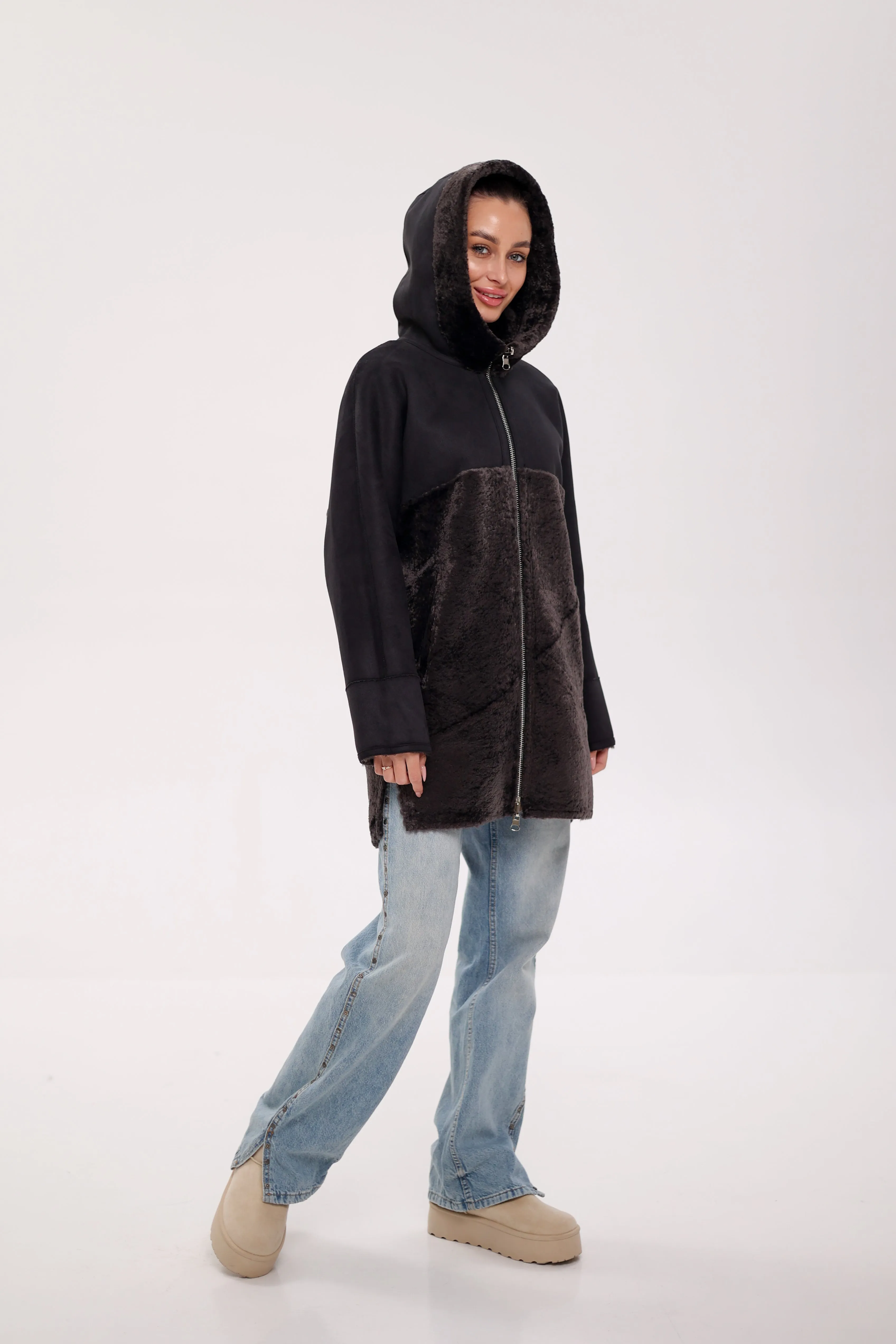 ⇆ Reversible Hooded Wool Blend Eco-Suede Jacket