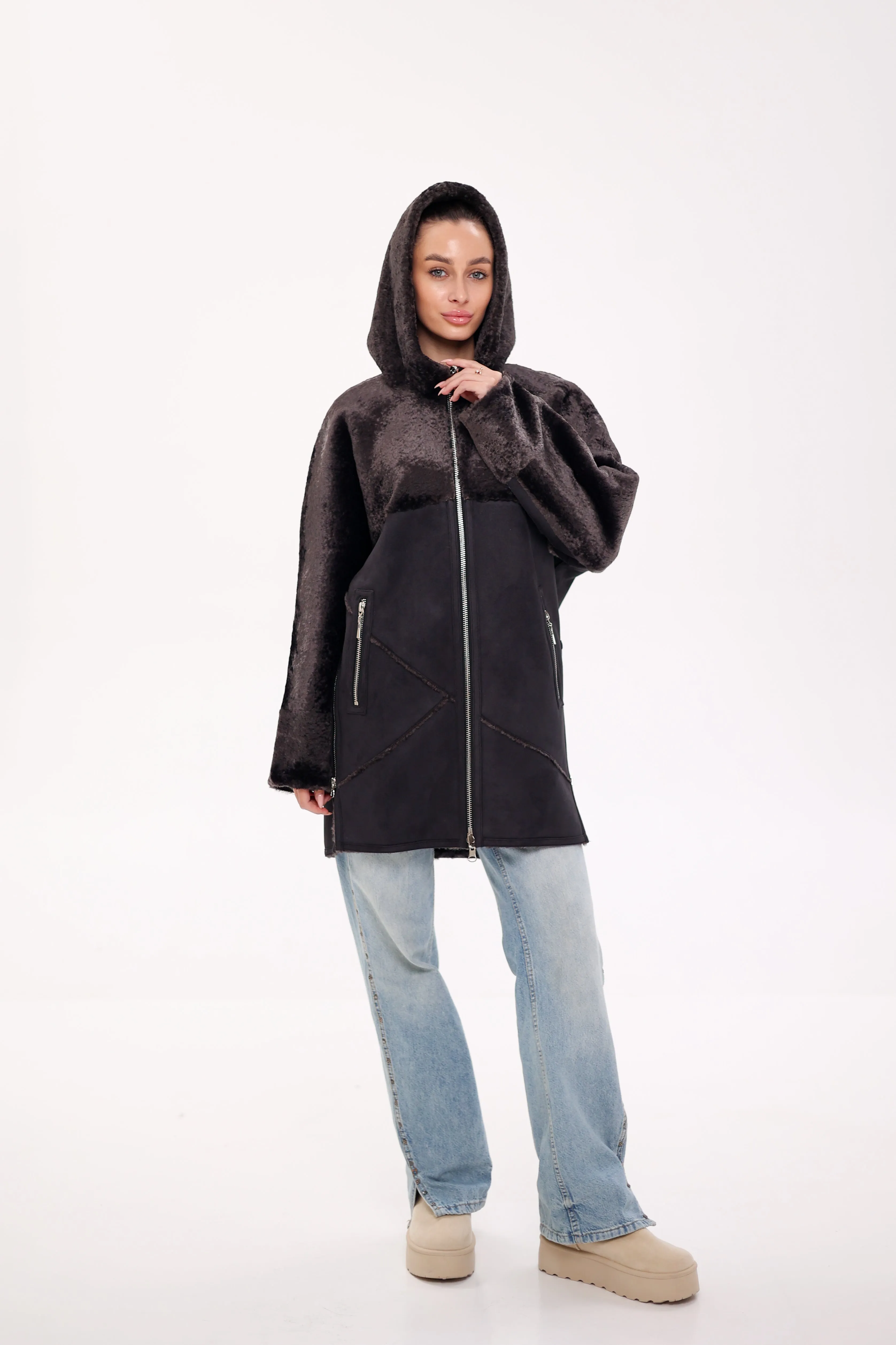 ⇆ Reversible Hooded Wool Blend Eco-Suede Jacket