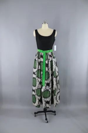 1960s Vintage Maxi Dress / Black & Green Sunflower Floral Print