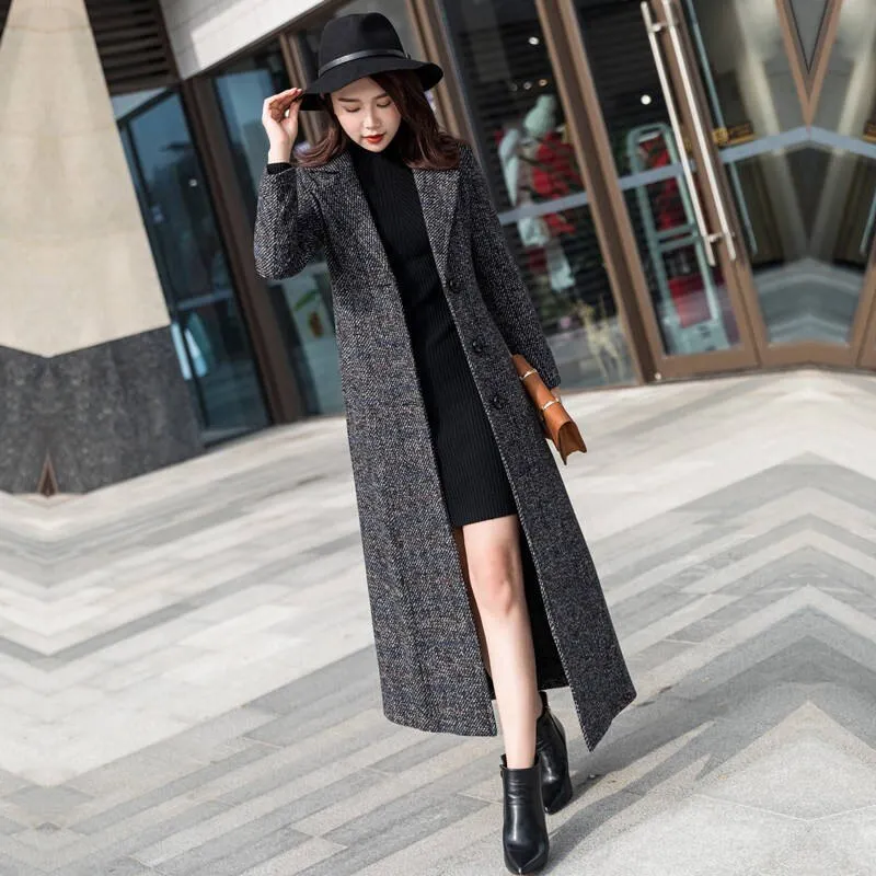 2022 Autumn Winter Jacket Female New Thickened Long Plaid Woolan Windbreaker Coat Woman's Slim Woolen Overcoat