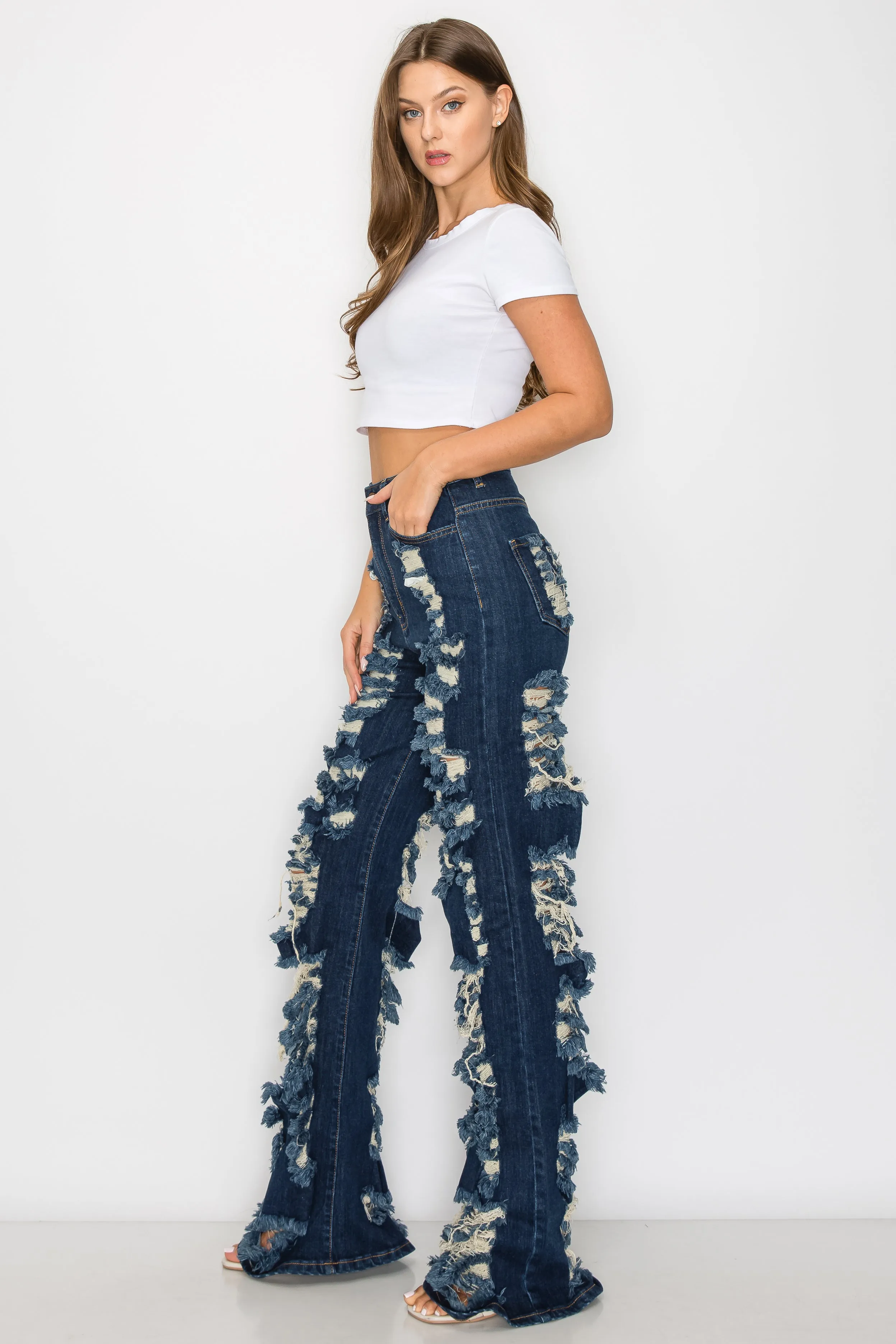 40030 Women'S High Waisted Distressed Wide Leg Jeans with Cut Outs