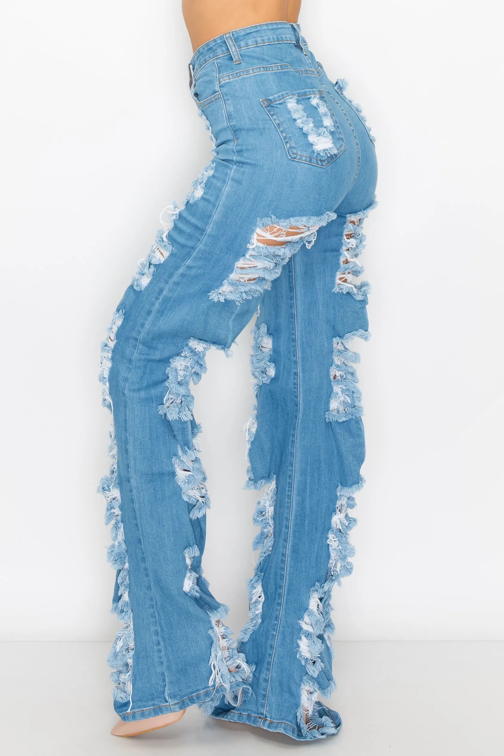 40030 Women'S High Waisted Distressed Wide Leg Jeans with Cut Outs