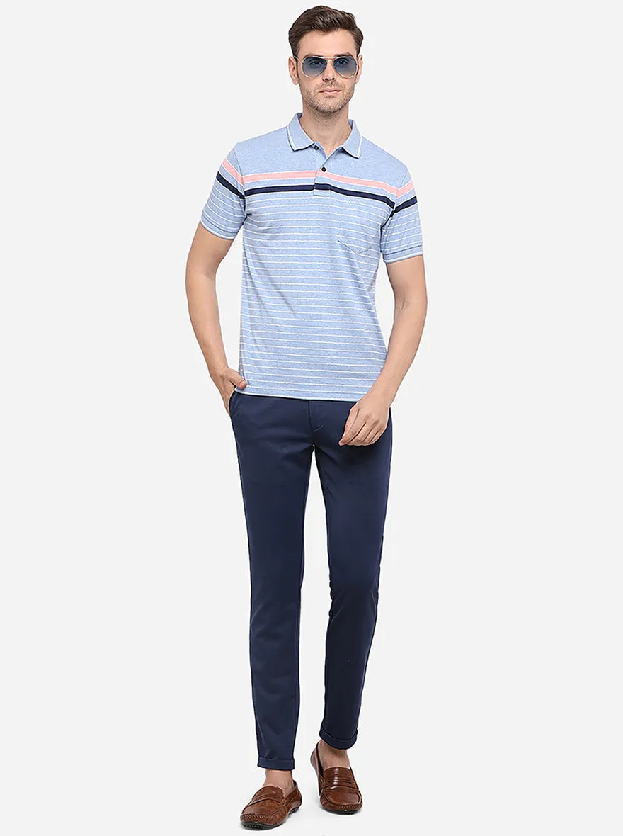 Air Blue Striped Slim Fit Polo T-Shirt | Greenfibre