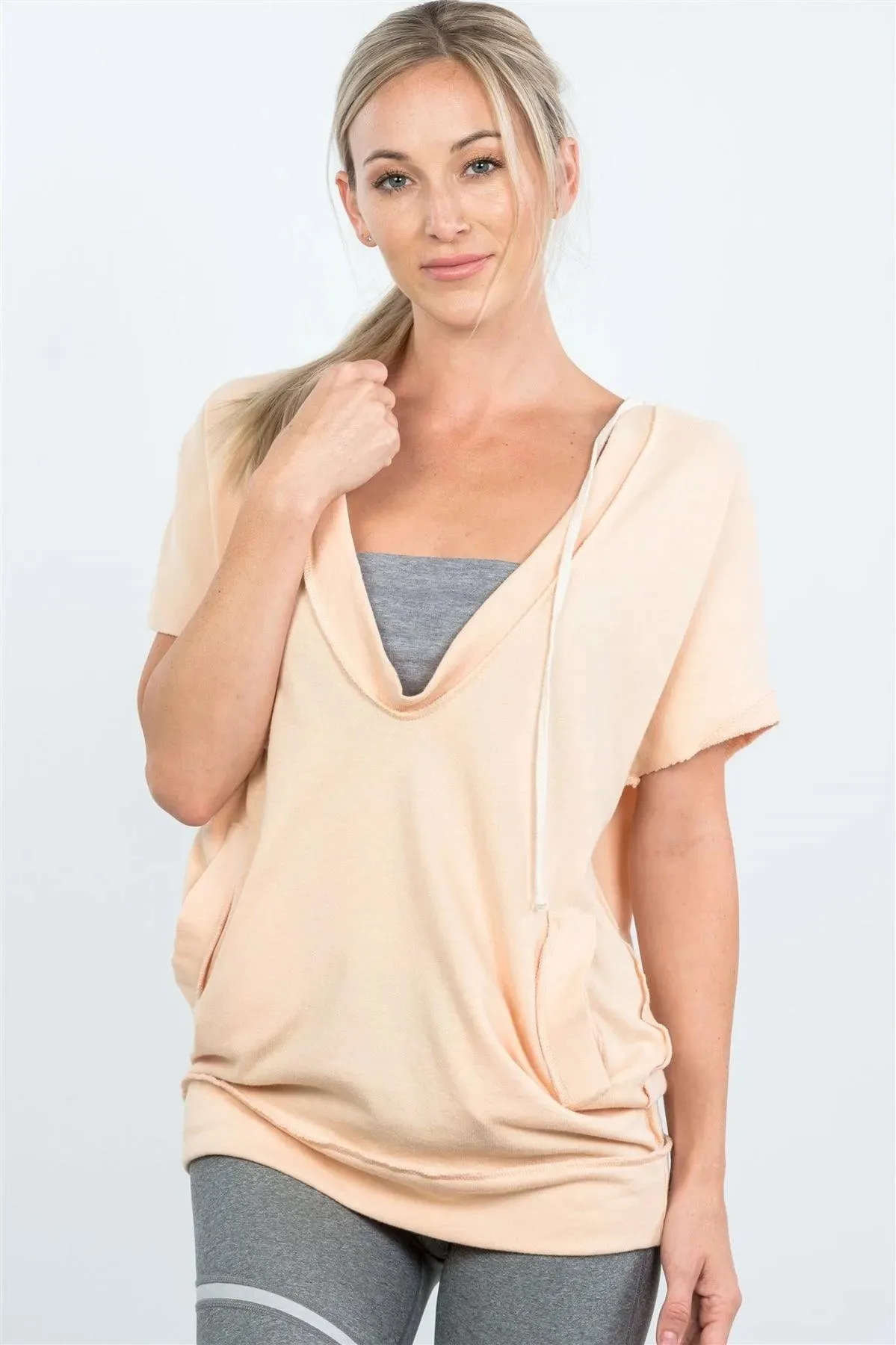 Apricot Plunge Drape Front Pockets Top /3-2-1