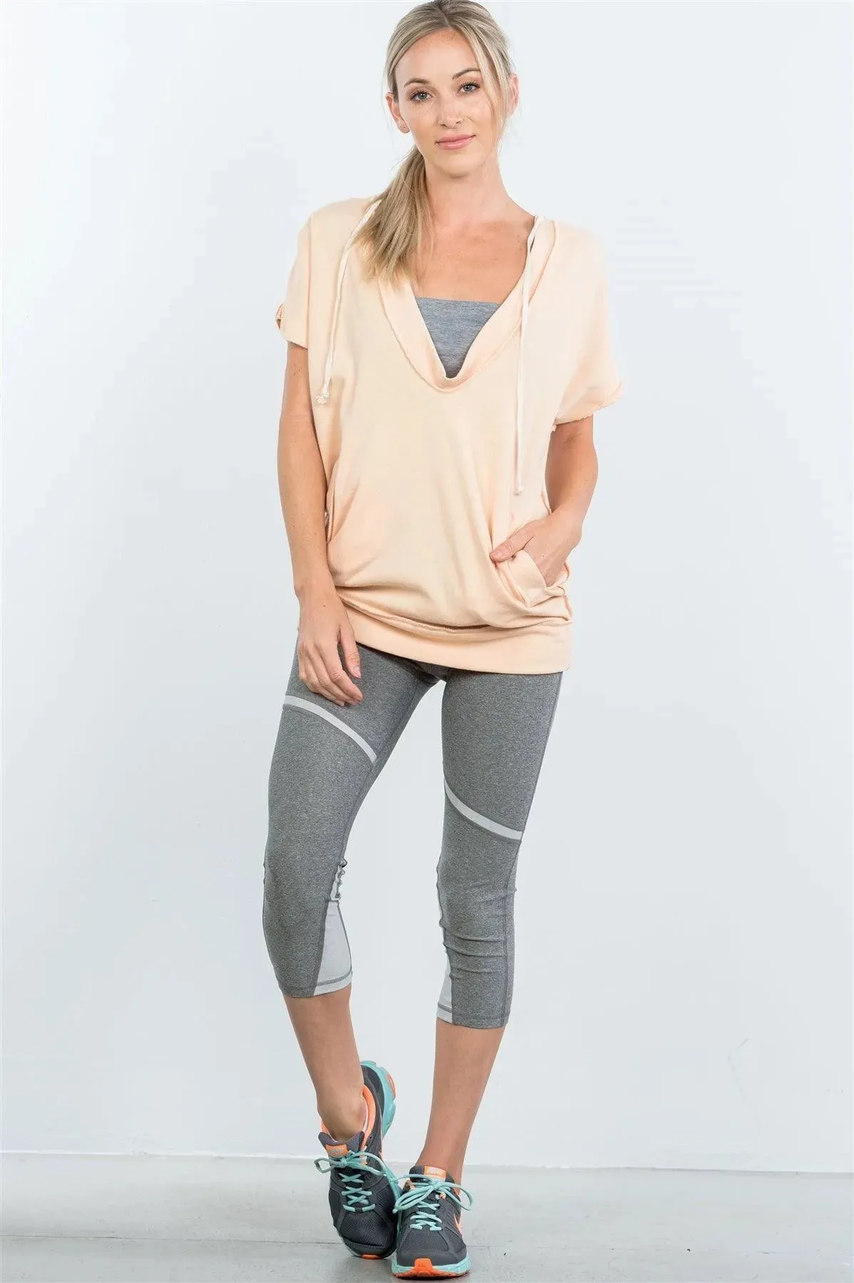 Apricot Plunge Drape Front Pockets Top /3-2-1