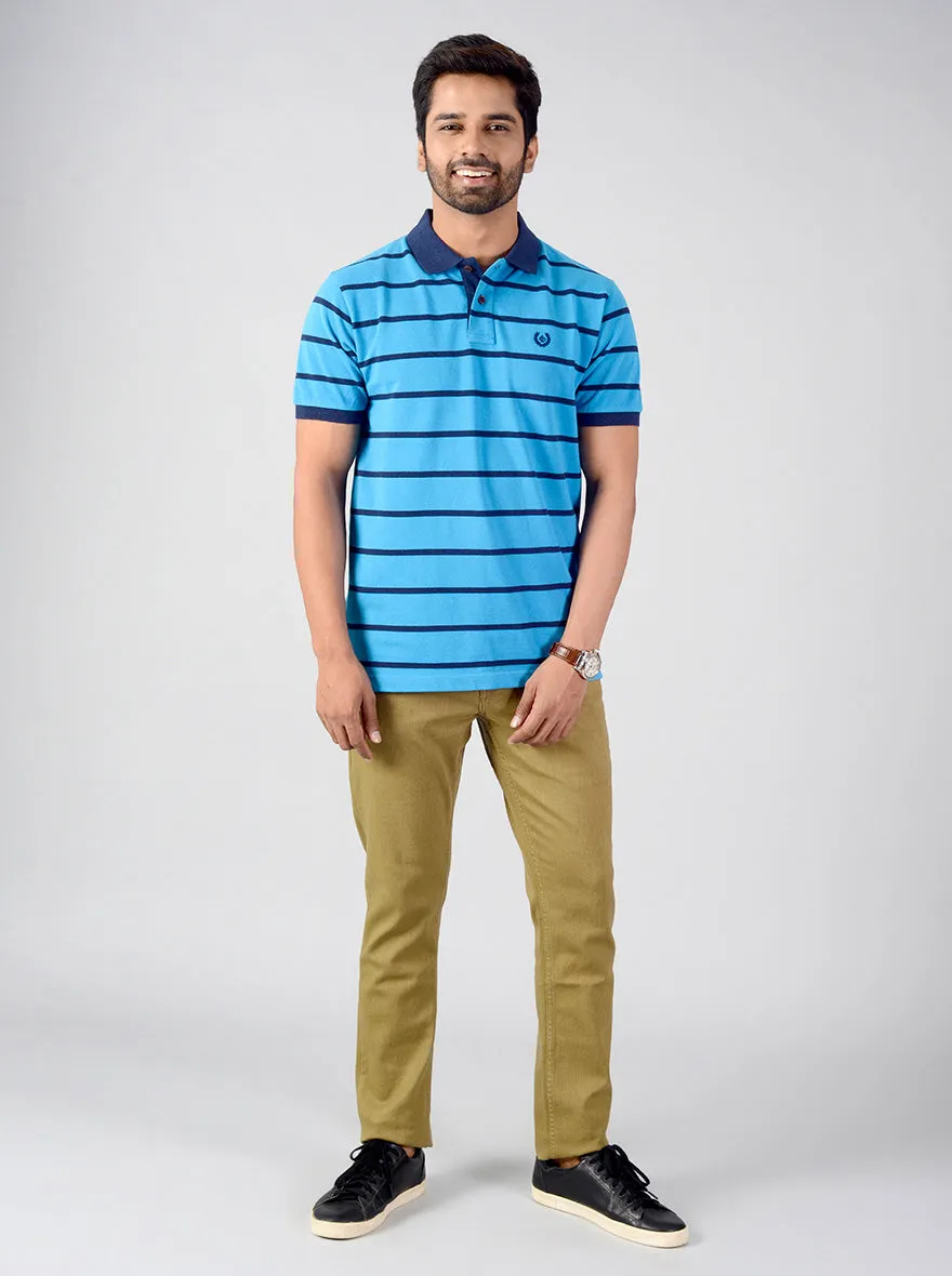 Aqua Blue Striped Slim Fit Polo T-shirt | Greenfibre