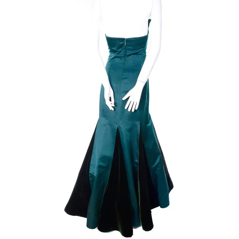 Arnold Scaasi Strapless Green Evening Gown W/ Velvet Panel Trumpet Skirt