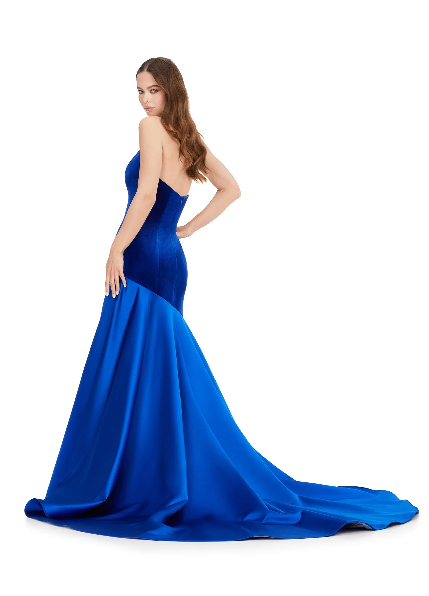 Ashley Lauren 11264 Strapless Velvet Heavy Satin Asymmetrical Flare Skirt V-Neck Mermaid Formal Gown