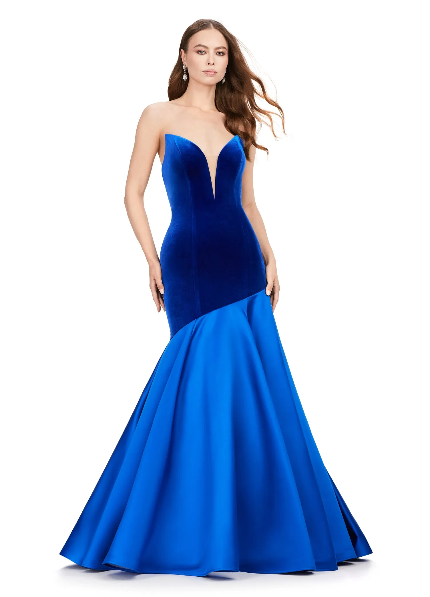 Ashley Lauren 11264 Strapless Velvet Heavy Satin Asymmetrical Flare Skirt V-Neck Mermaid Formal Gown