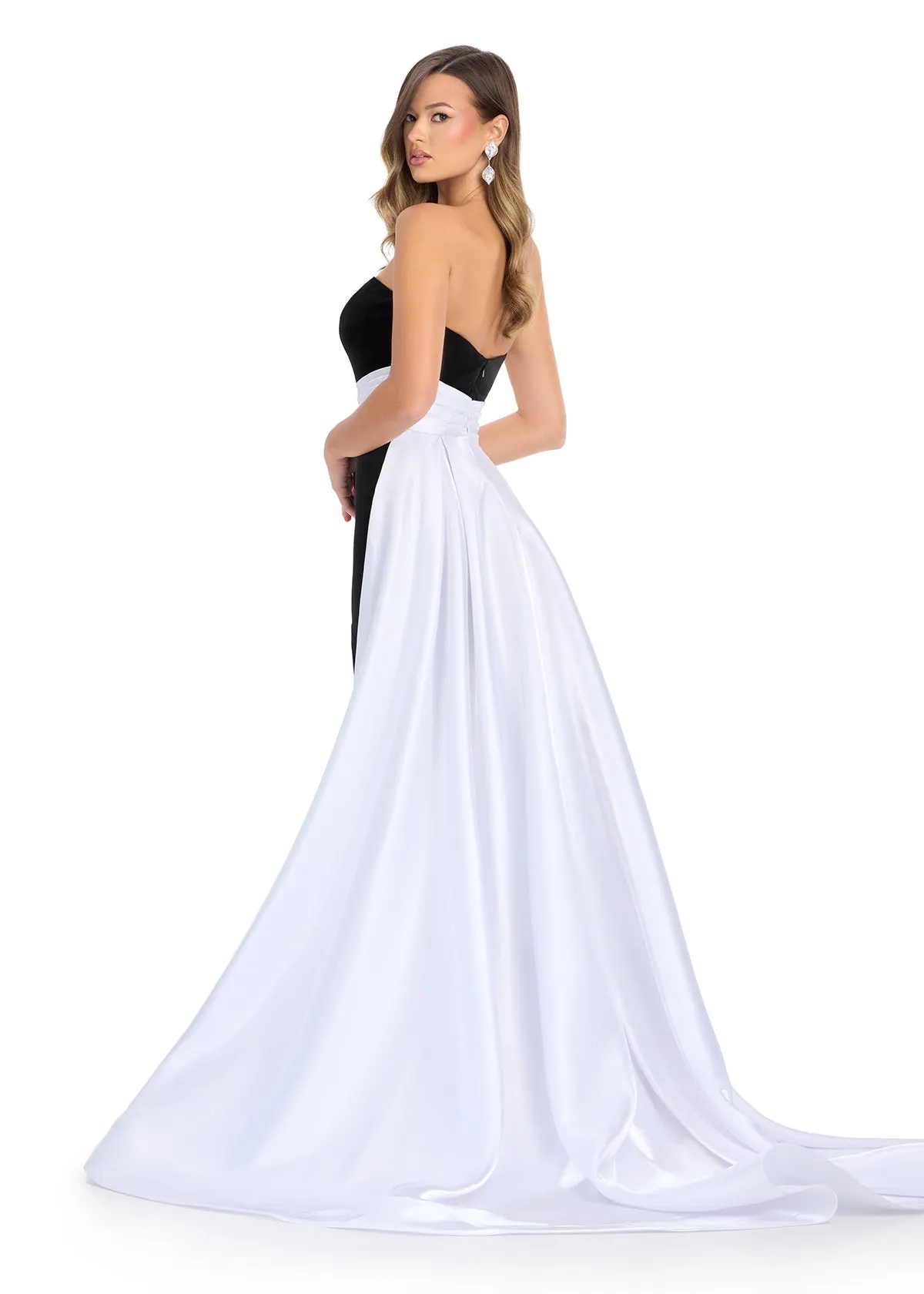 Ashley Lauren 11857 Size 2 Black White Long Fitted Velvet Pageant Dress Satin Overskirt Formal Evening Gown