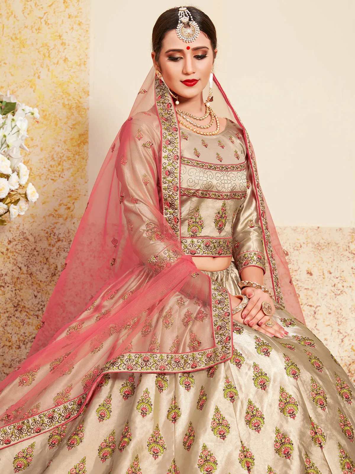 Beige & Pink Soft Net Semi Stitched Lehenga With Unstitched Blouse