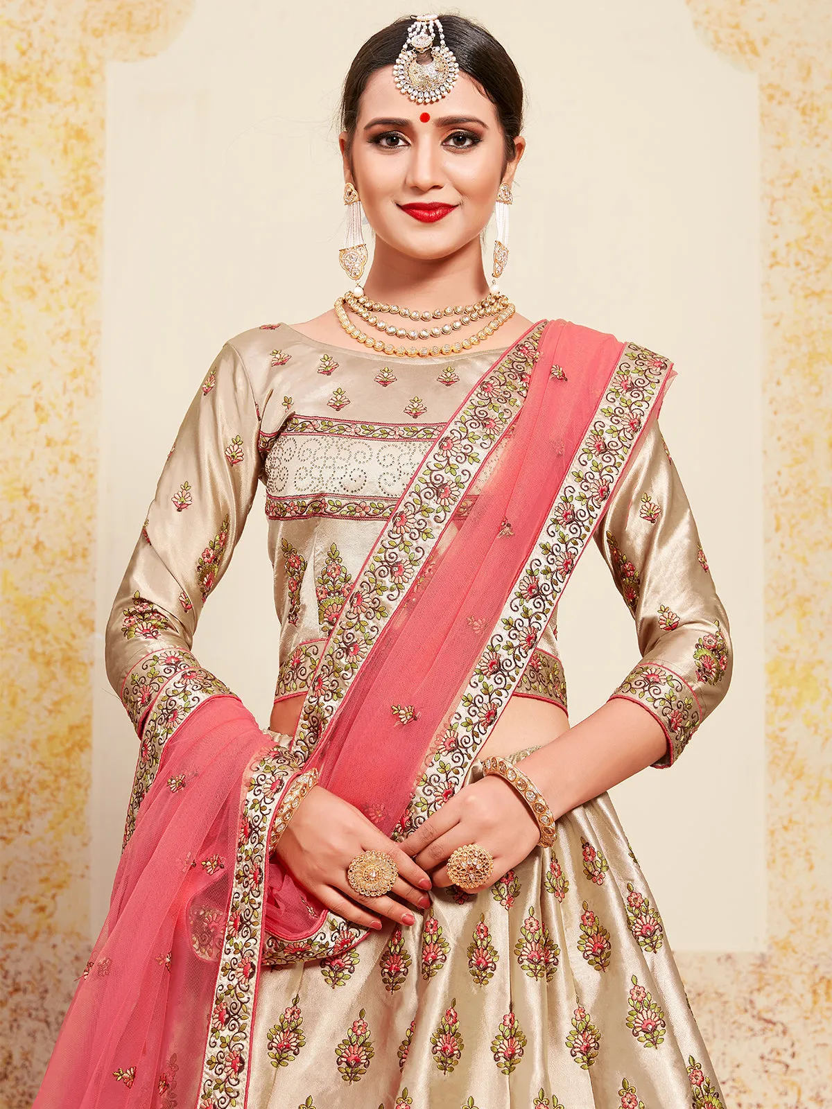 Beige & Pink Soft Net Semi Stitched Lehenga With Unstitched Blouse