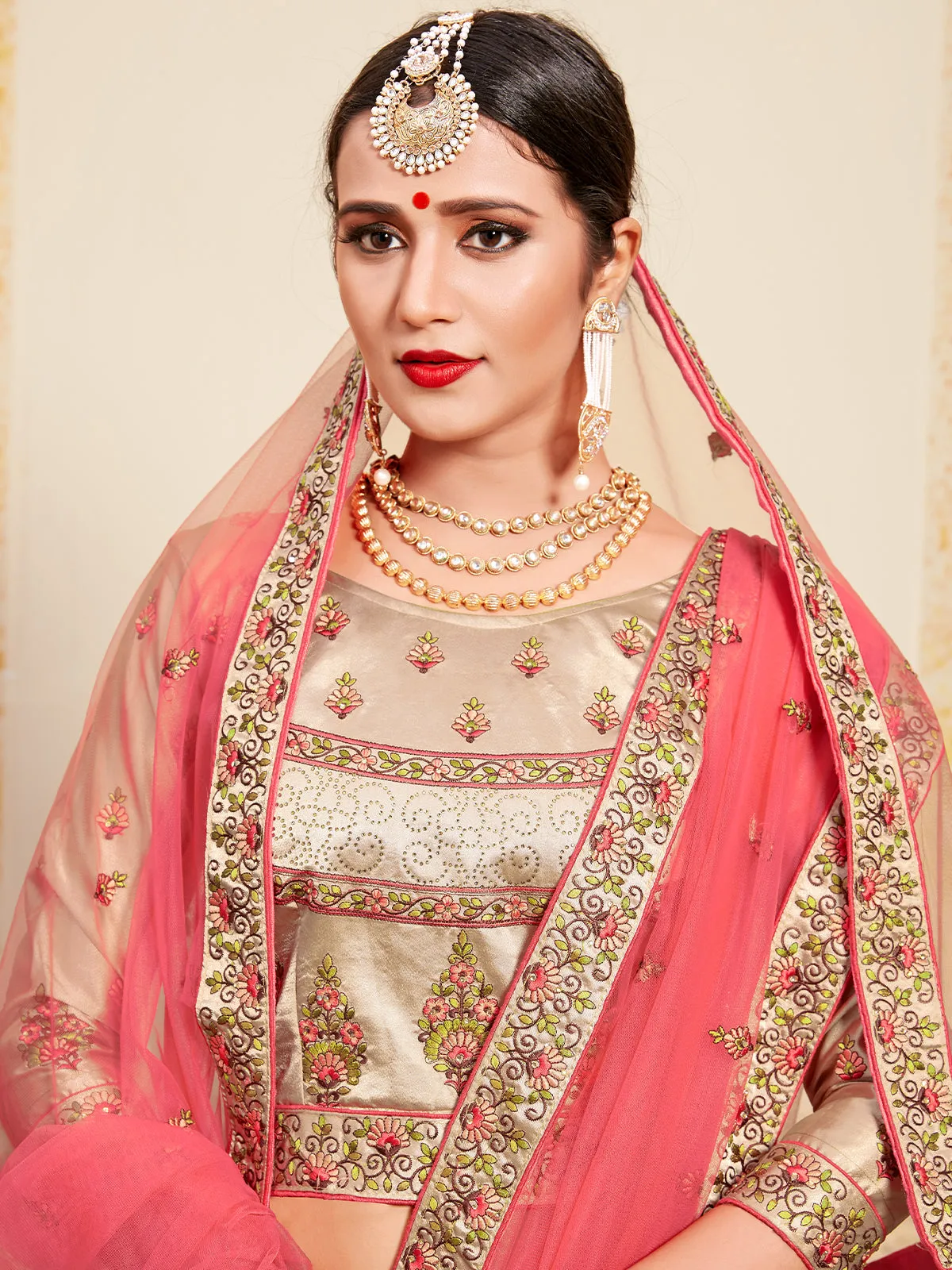 Beige & Pink Soft Net Semi Stitched Lehenga With Unstitched Blouse