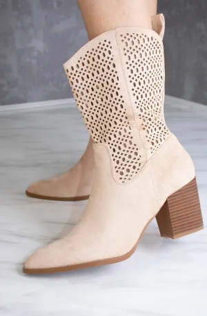 Beige Cut Out Heeled Calf Cowboy Boot