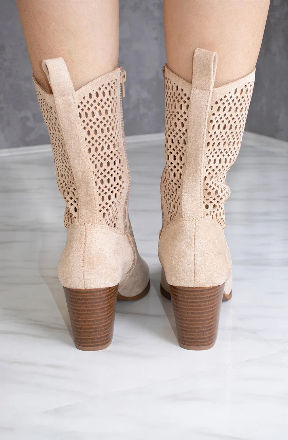 Beige Cut Out Heeled Calf Cowboy Boot