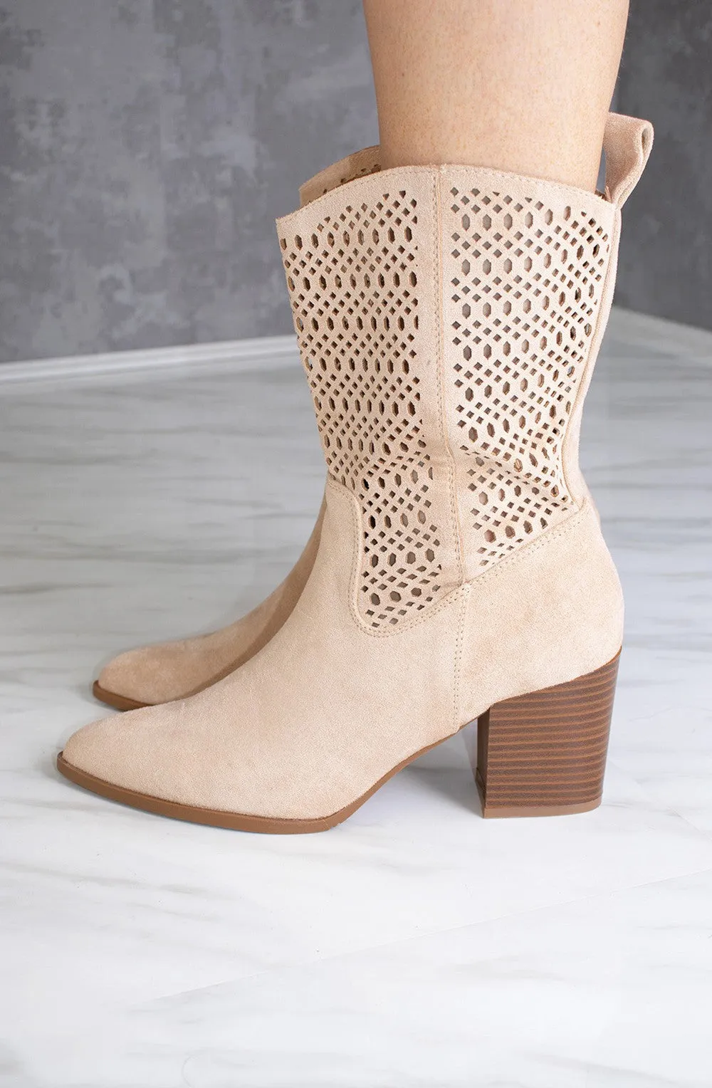 Beige Cut Out Heeled Calf Cowboy Boot