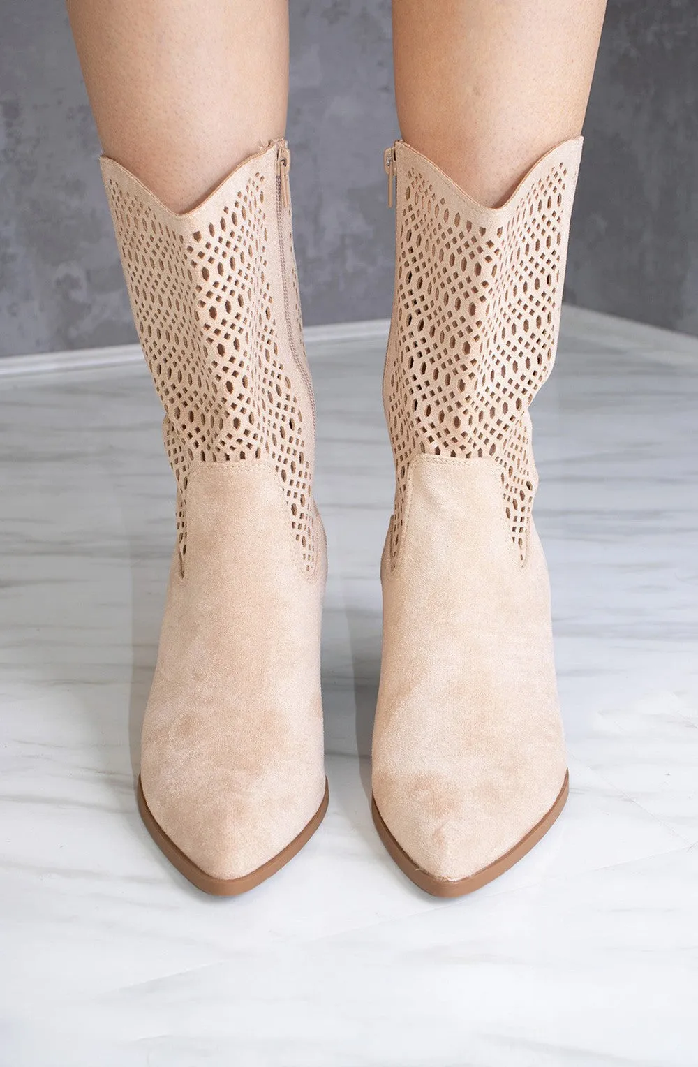 Beige Cut Out Heeled Calf Cowboy Boot