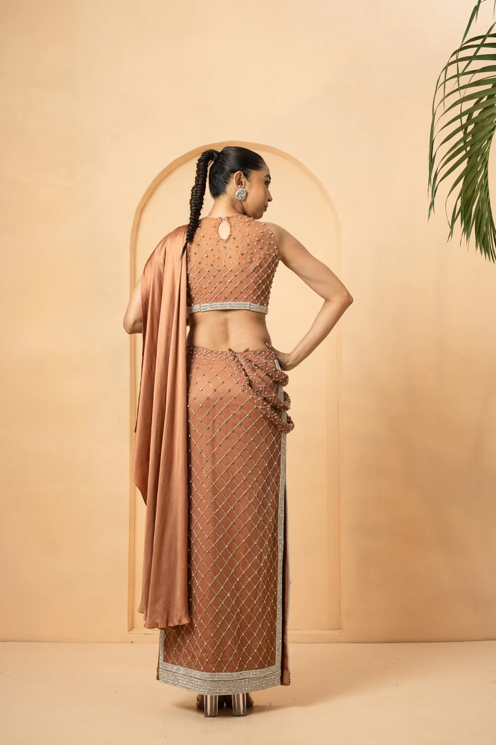 Beige Embroidered Fishtil Lehenga With Drape Twisted Dupatta