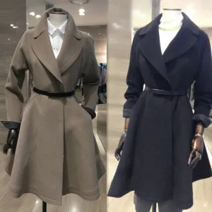 Belt Lapel Pleated Solid Pockets Long Coat