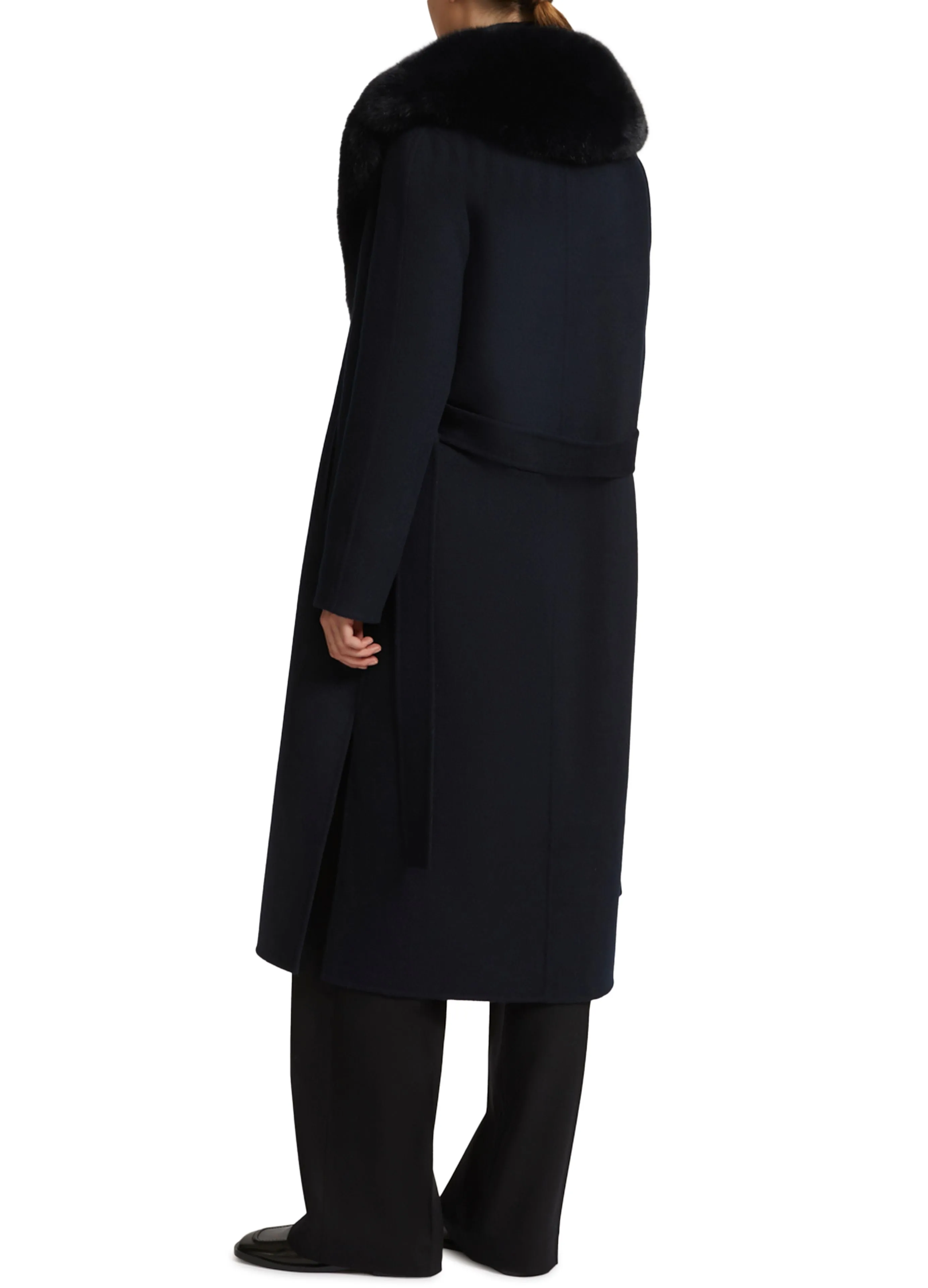 Belted coat in cashmere wool with fox fur collar and lapel