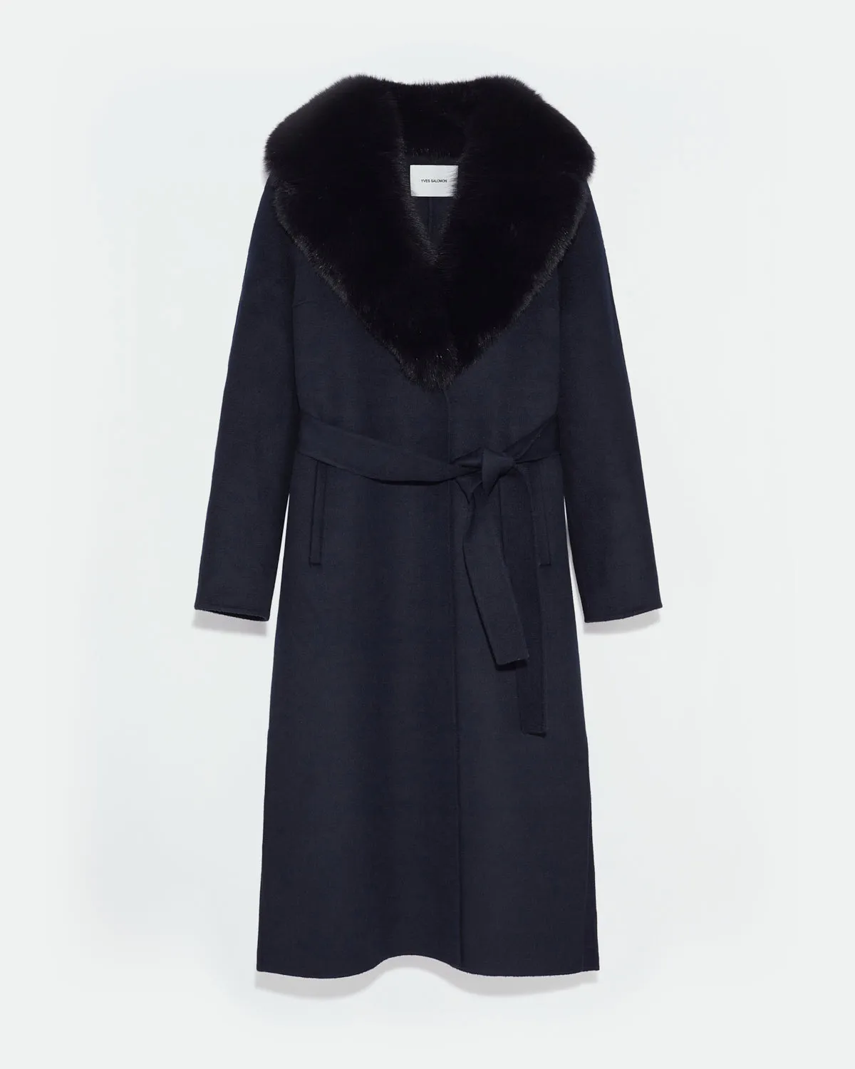 Belted coat in cashmere wool with fox fur collar and lapel