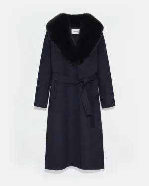 Belted coat in cashmere wool with fox fur collar and lapel