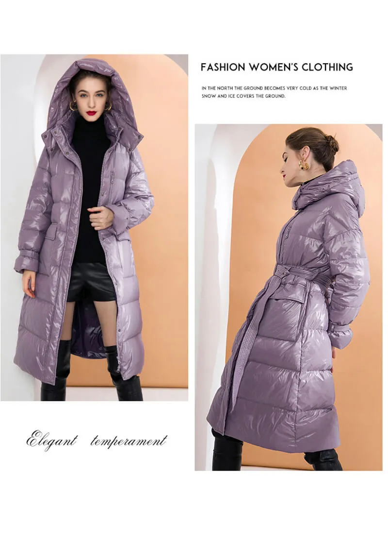 Belted Down Puffer Coat With Detachable Hood