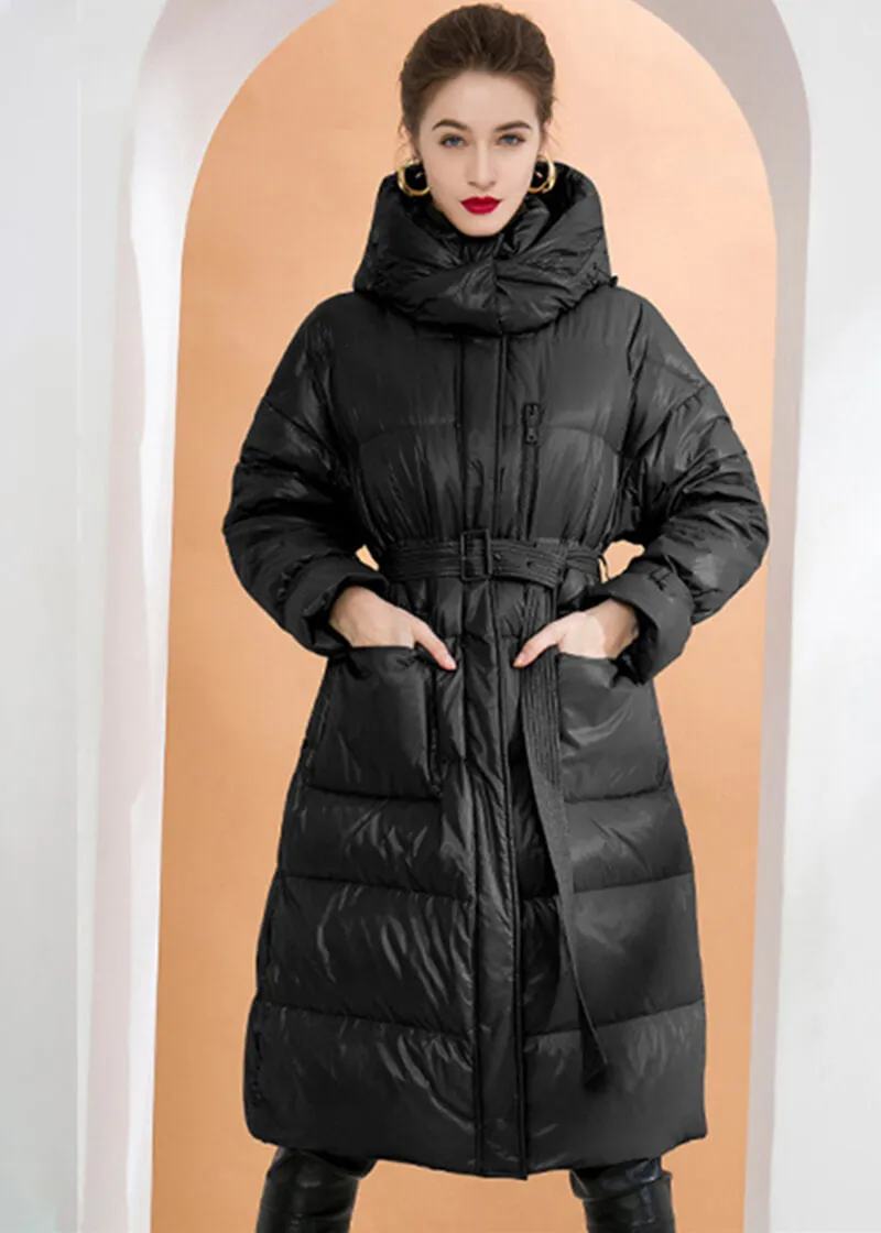 Belted Down Puffer Coat With Detachable Hood