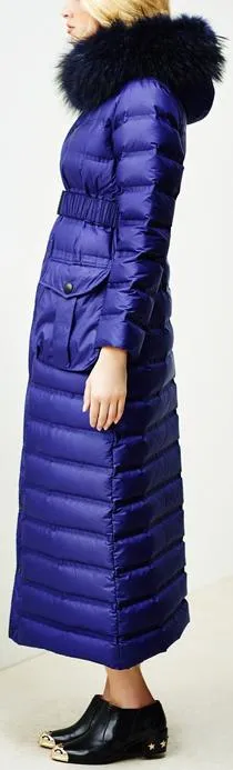 Belted Paneled Fur-Hooded Long Puffer Coat