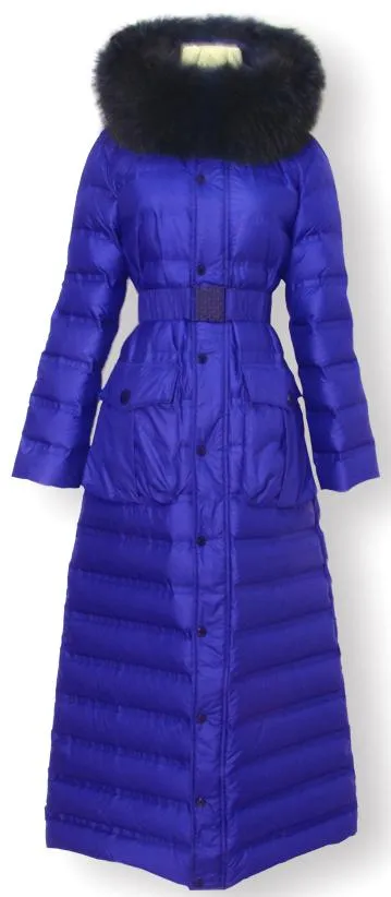 Belted Paneled Fur-Hooded Long Puffer Coat