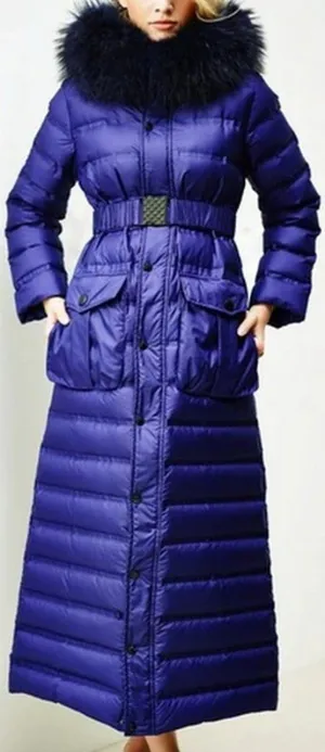 Belted Paneled Fur-Hooded Long Puffer Coat