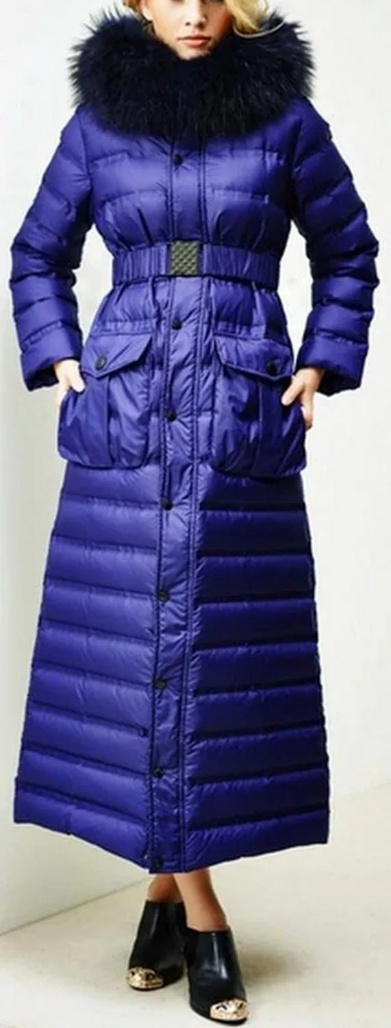 Belted Paneled Fur-Hooded Long Puffer Coat