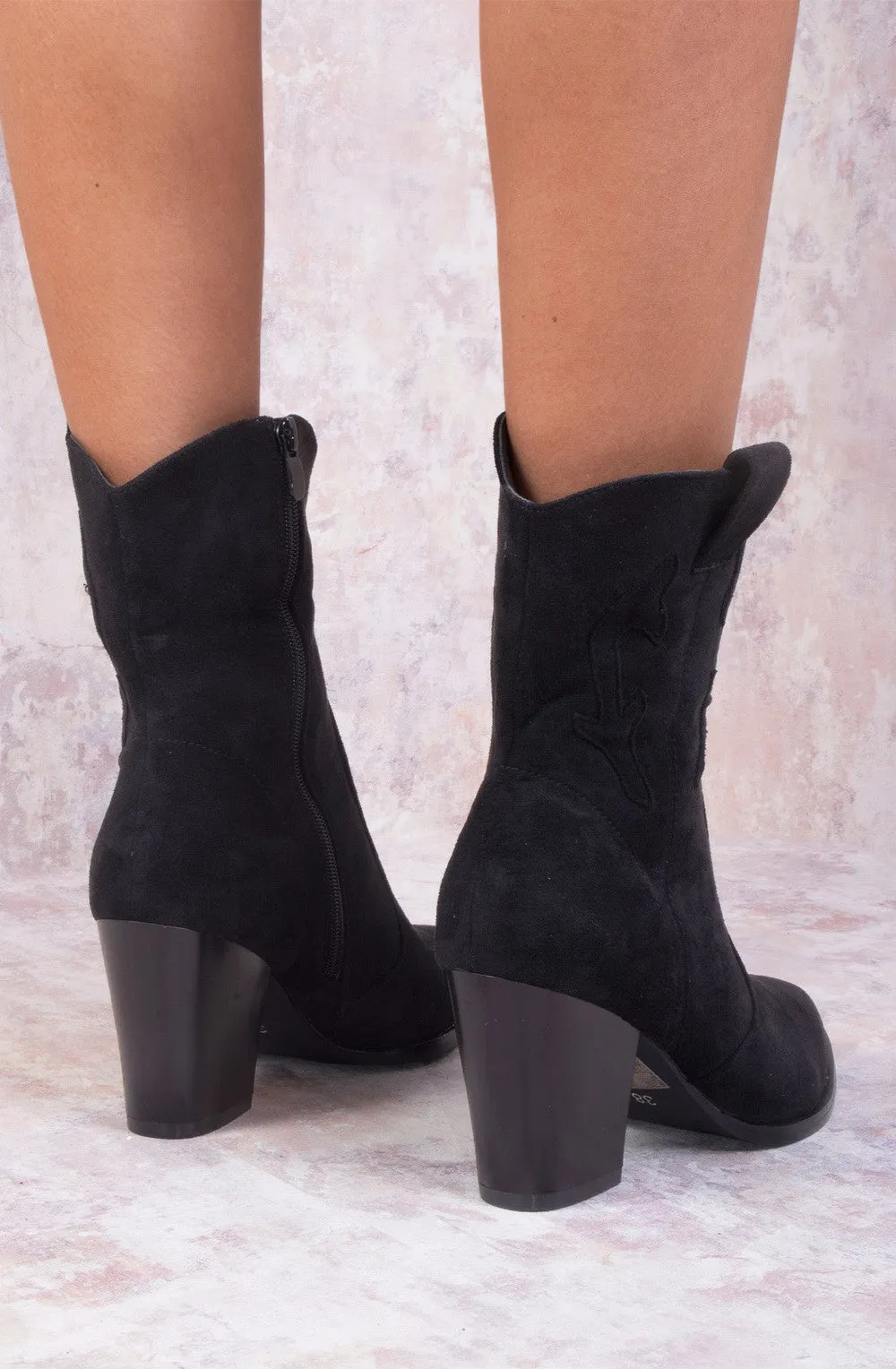 Black Classic Faux Suede Cowboy Heeled Boot