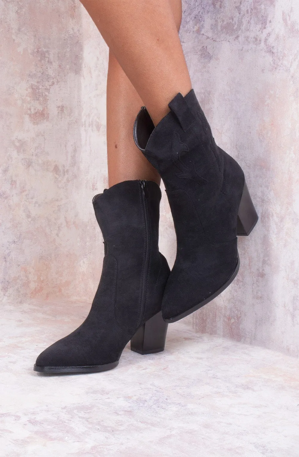 Black Classic Faux Suede Cowboy Heeled Boot