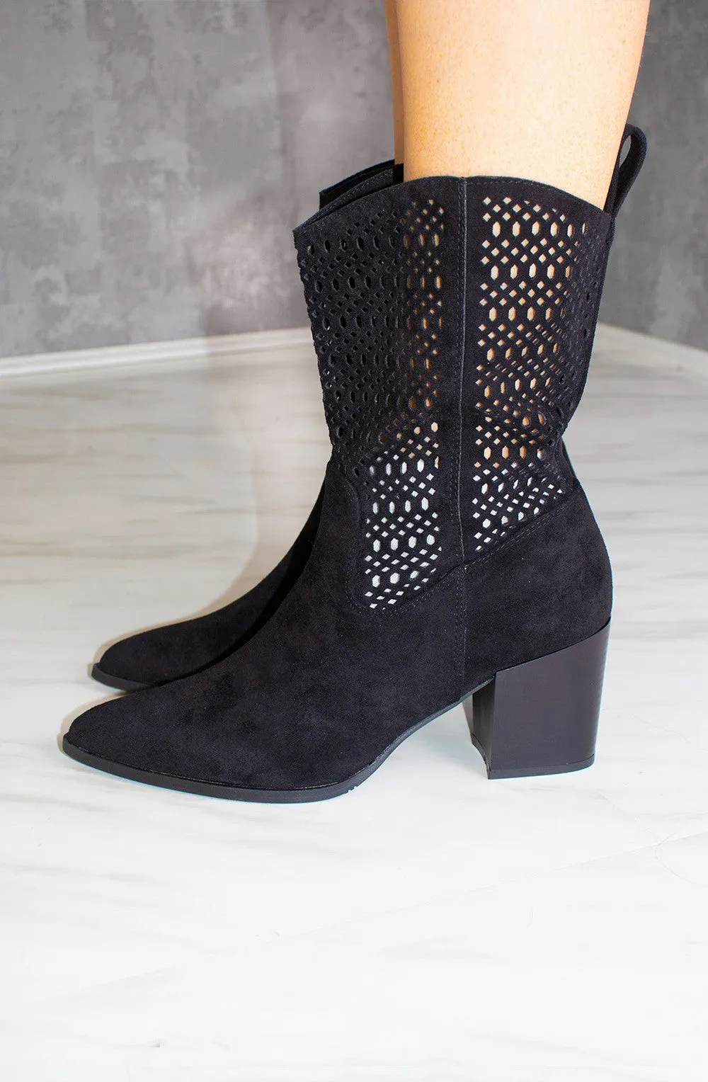 Black Cut Out Heeled Calf Cowboy Boot