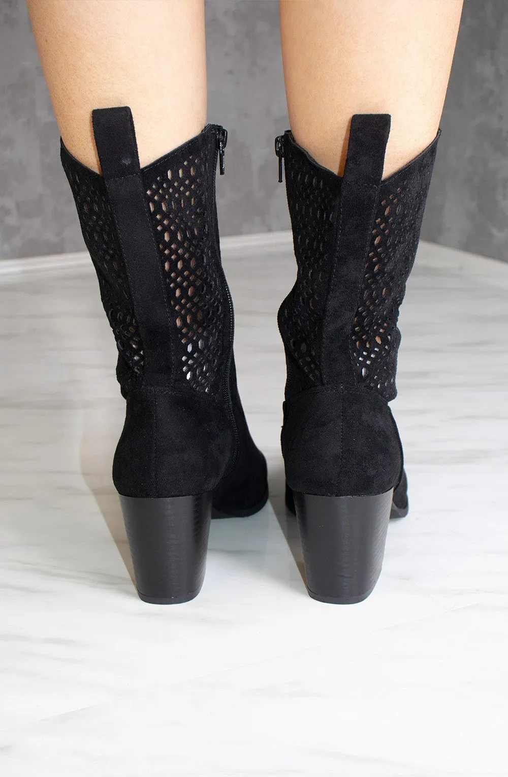 Black Cut Out Heeled Calf Cowboy Boot