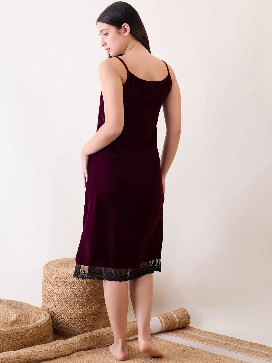 Black Delicate Lace Gown With Burgundy Velvet Slip