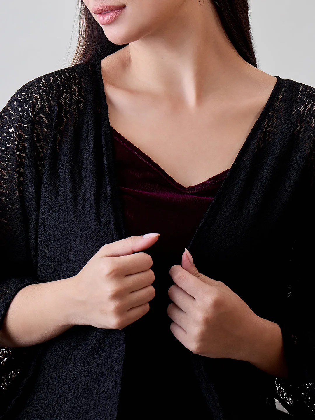 Black Delicate Lace Gown With Burgundy Velvet Slip