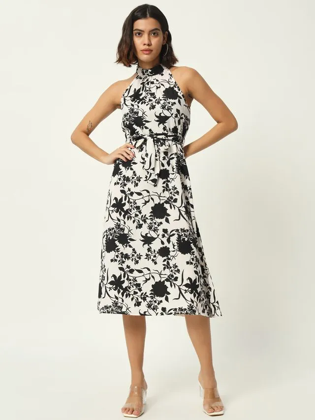 Black Floral Print Sleeveless Midi Dress