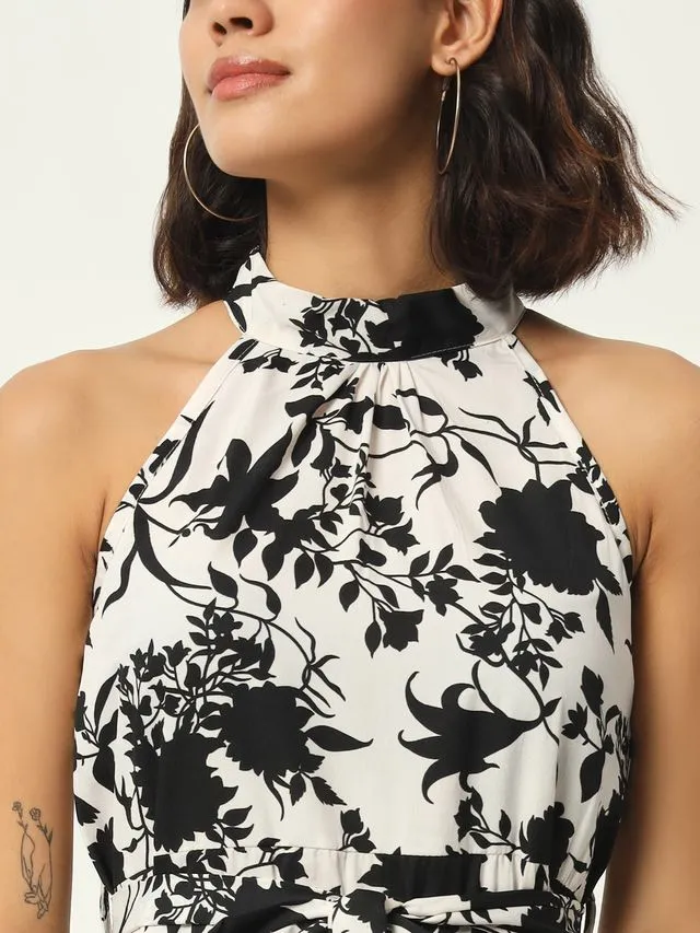 Black Floral Print Sleeveless Midi Dress