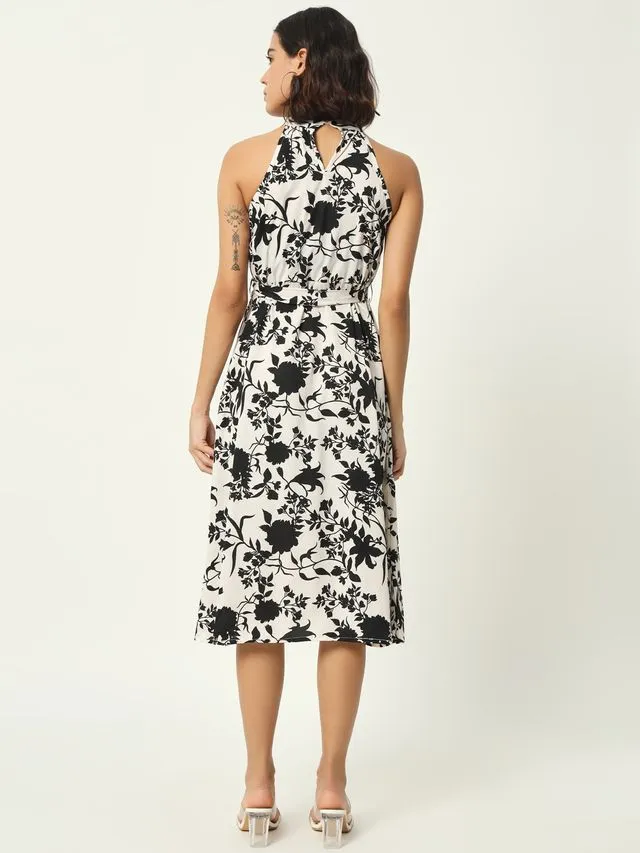 Black Floral Print Sleeveless Midi Dress