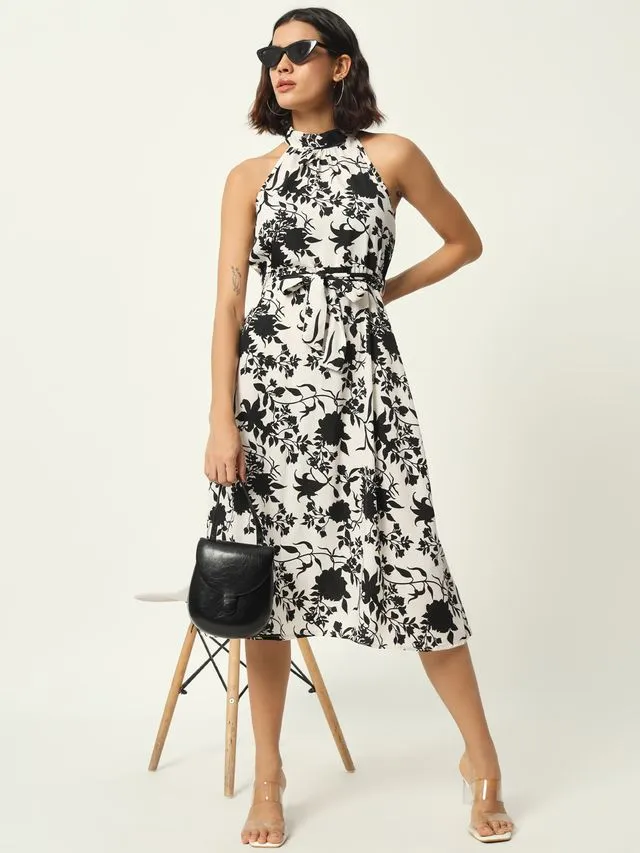 Black Floral Print Sleeveless Midi Dress