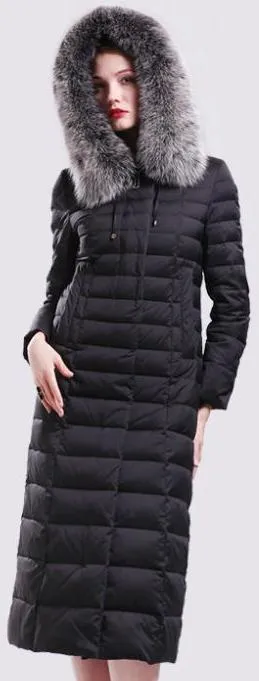 Black Fur-Hooded Long Paneled Puffer Down Coat