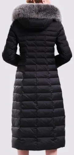 Black Fur-Hooded Long Paneled Puffer Down Coat