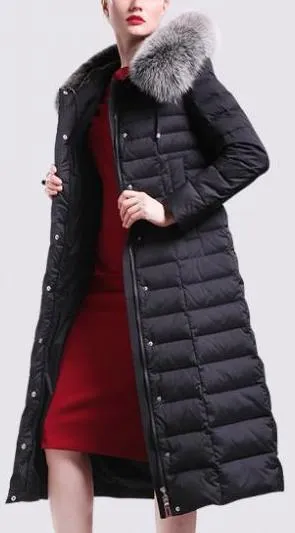 Black Fur-Hooded Long Paneled Puffer Down Coat