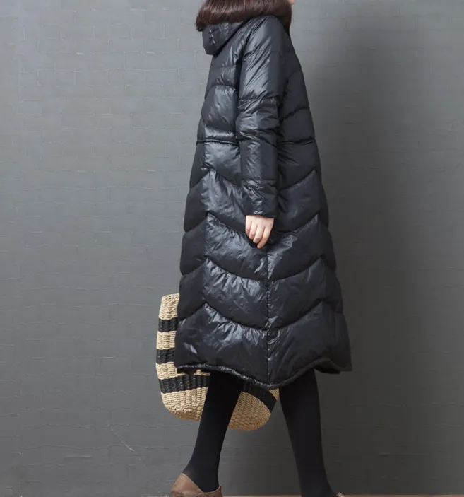 Black Hooded Long Puffer Coat Winter Duck Down Jacket Loose Down Jacket 23001