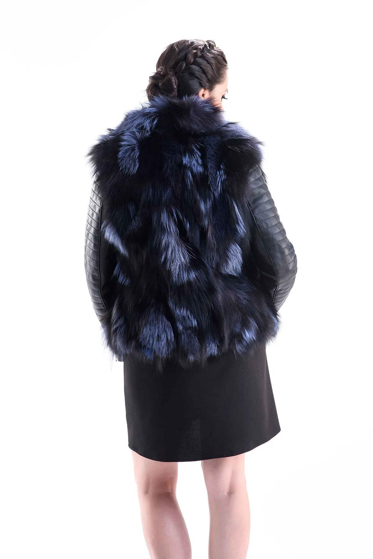 Blue Genuine Arctic Fox Fur Lamb Nappa Leather Jacket