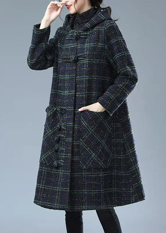 Blue Green Plaid Warm Woolen Coat Outwear Pockets Hooded Winter