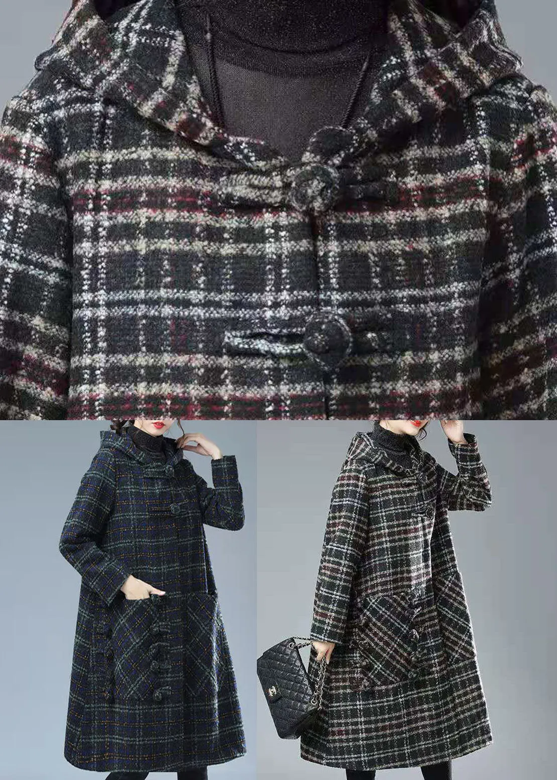 Blue Green Plaid Warm Woolen Coat Outwear Pockets Hooded Winter