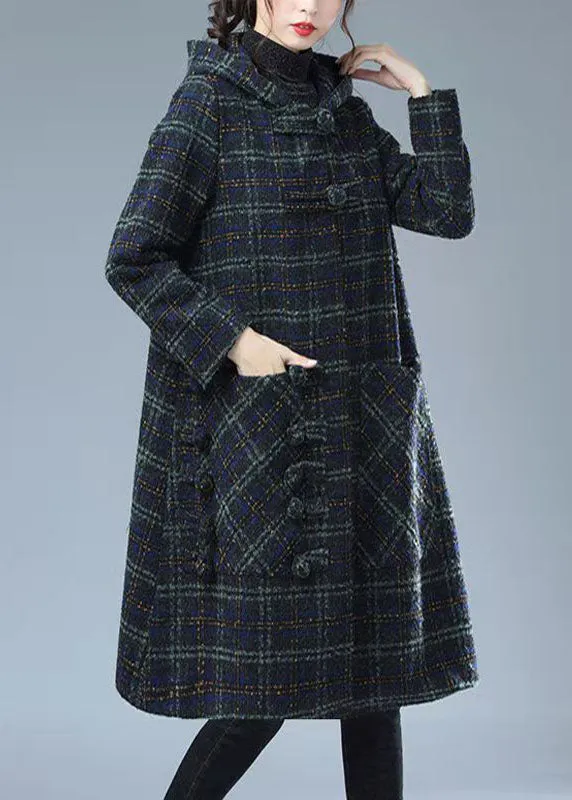 Blue Green Plaid Warm Woolen Coat Outwear Pockets Hooded Winter